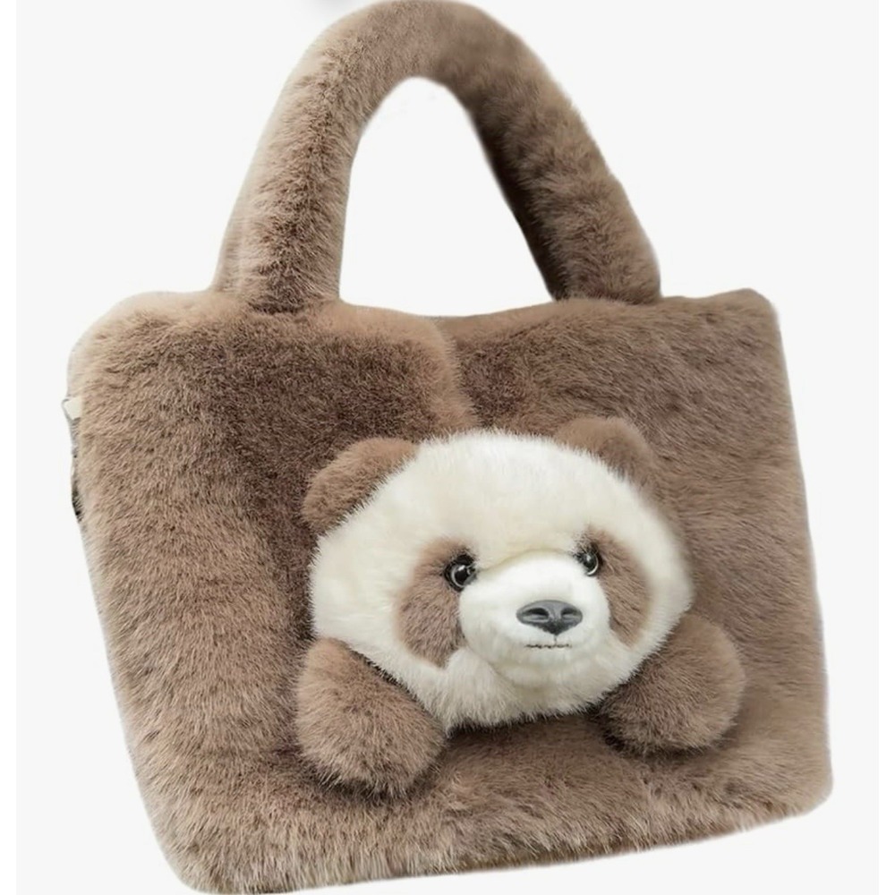 Girls' Animal Plush Handbag Small Size Crossbody Bag Cute Panda Doll Furry Purse